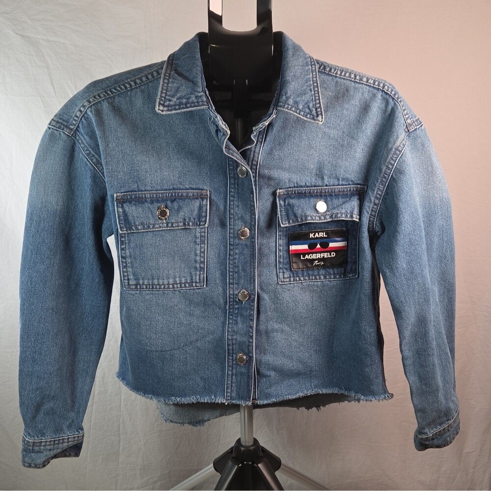 Karl Lagerfeld Paris Denim Jacket Women Small Blue Raw Logo Retro Classic